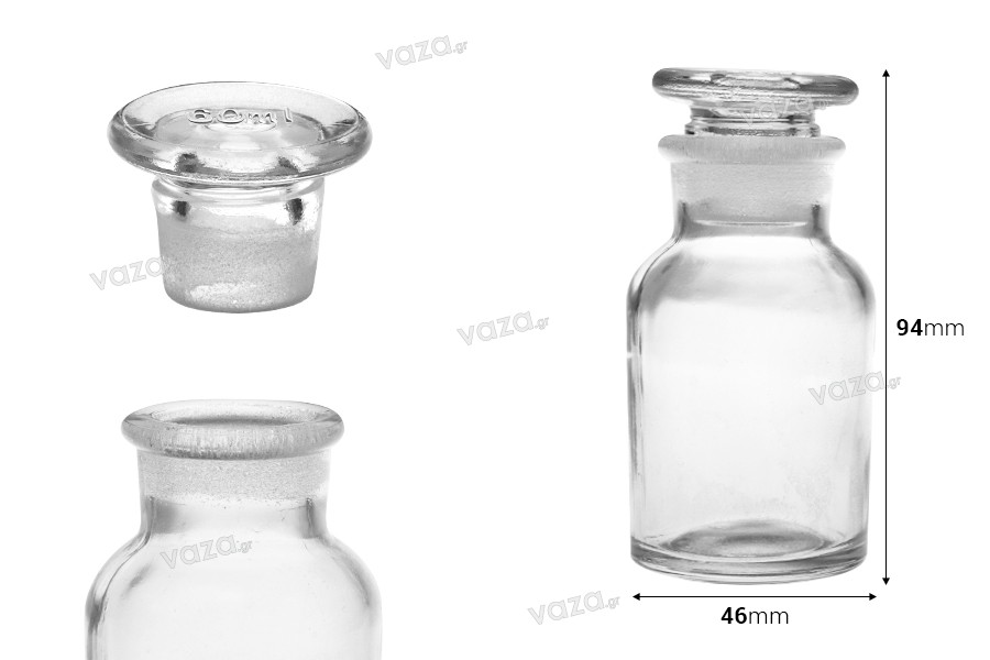 Flacon pharmacie 60 ml transparent avec bouchon en verre