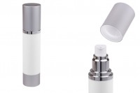 Flacon airless de 50 ml pentru crema, cu corp alb, capac si baza din aluminiu argintiu