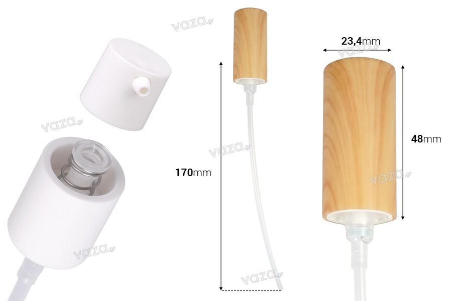 PP18/410 plastic pump in wood design with external spring suitable for cream (injection)