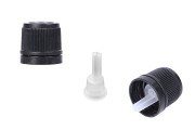 Black plastic narrow child-resistant cap with short dropper insert and PP18 finish 