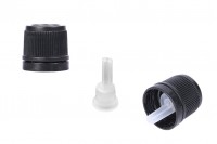 Black plastic narrow child-resistant cap with short dropper insert and PP18 finish 