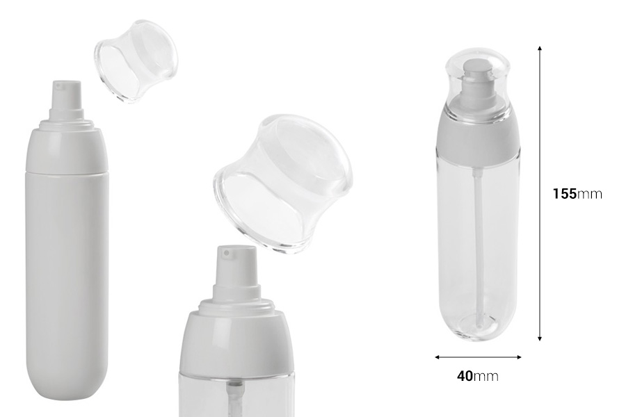 Bottiglietta PET da 100 ml con pompetta biannca e tappo trasparente. Bottiglietta PET da 100 ml con pompetta biannca e tappo trasparente.-εικόνα_διαστάσεις