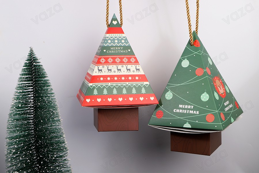 Christmas paper gift box 150x150x240mm in tree shape with cord - 10 pcs-εικόνα_σύνθεση