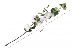 Decorative branch with cotton flowers and green leaves