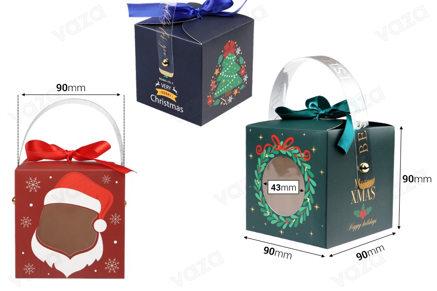 Christmas paper gift box 90x90x90mm with window, handle and ribbon - 10 pcs-bildabmessungen