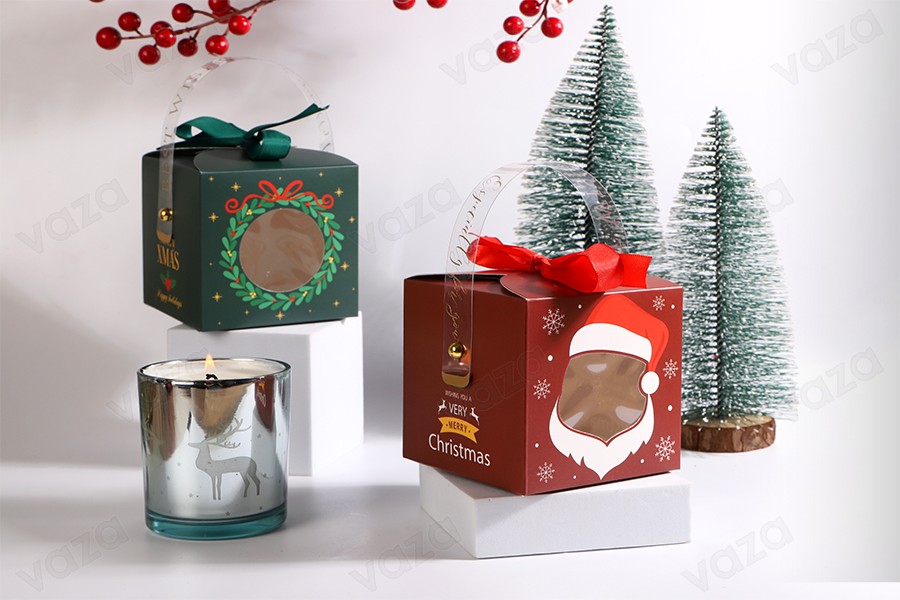 Christmas paper gift box 90x90x90mm with window, handle and ribbon - 10 pcs-bildgruppe