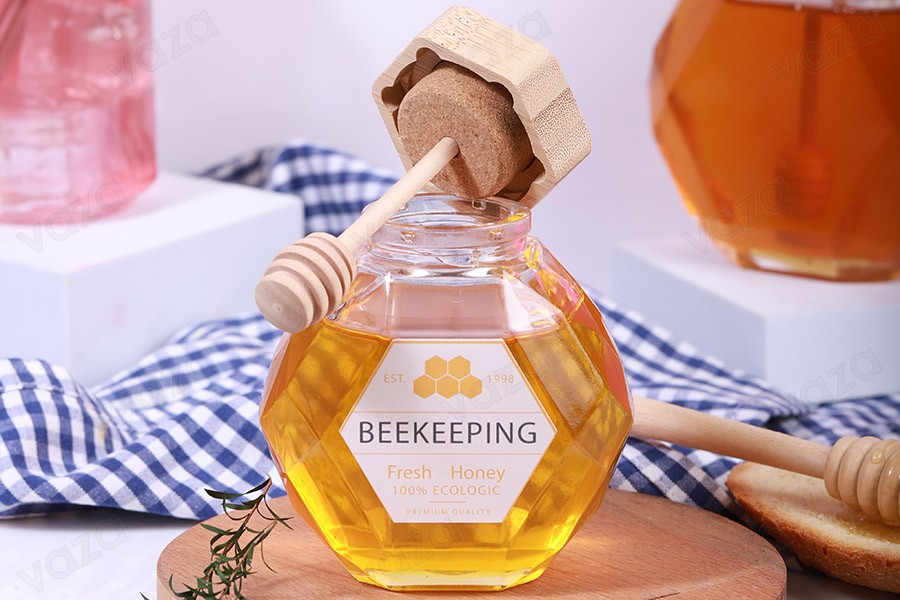 Γυάλινο βάζο 205 ml με ξύλινο φελλό και dipper για μέλι-εικόνα_σύνθεση