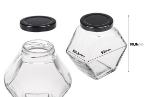 Pot en verre 200 ml hexagone avec couvercle noir - 6 pcs-εικόνα_διαστάσεις