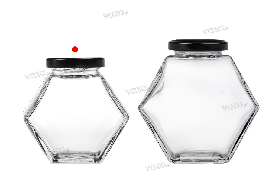 Pot en verre 200 ml hexagone avec couvercle noir - 6 pcs