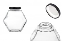 Glass jar 380 ml hexagon with black lid - 6 pcs