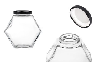 Pot en verre 380 ml hexagone avec couvercle noir - 6 pcs-εικόνα_προϊοντική