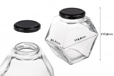 Glass jar 380 ml hexagon with black lid - 6 pcs