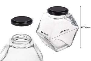 Pot en verre 380 ml hexagone avec couvercle noir - 6 pcs-εικόνα_διαστάσεις