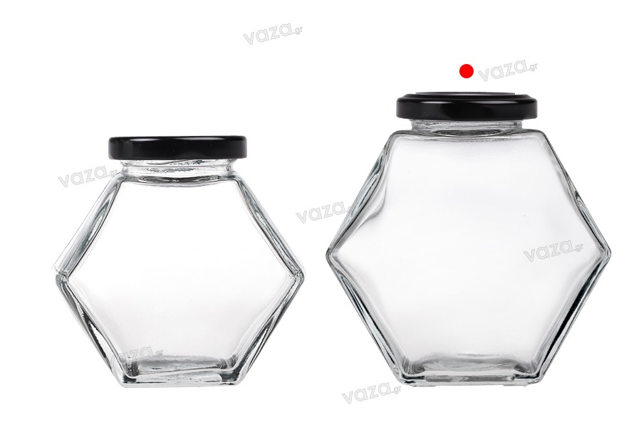 Glass jar 380 ml hexagon with black lid - 6 pcs