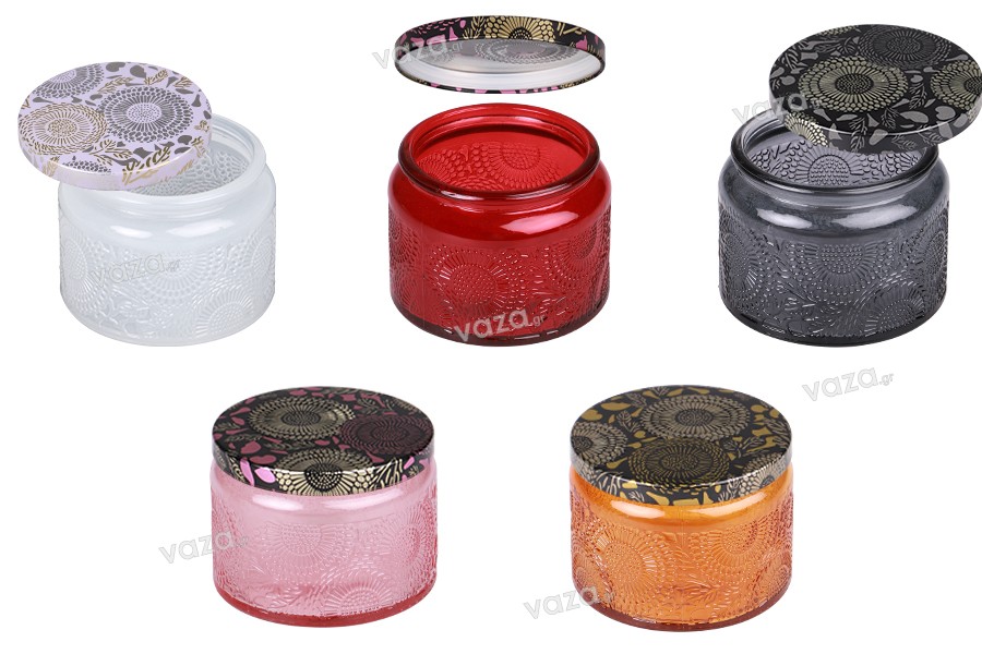 Embossed glass jar 120 ml cylindrical with aluminum cap in various colors