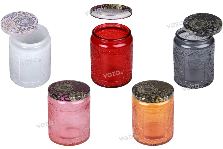 Γυάλινο ανάγλυφο βάζο 230 ml κυλινδρικό με καπάκι αλουμινίου σε διάφορα χρώματα