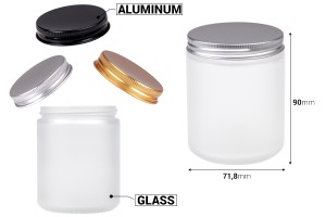 250ml sandgestrahltes Glasgefäß mit Aluminiumdeckel und Inneneinsatz – 6 Stück-photo_dimensions