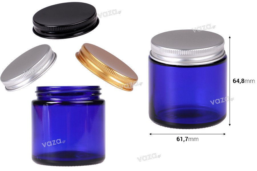 Glasdose 100 ml blau mit Aluminiumdeckel und Inneneinsatz – 6 Stück
