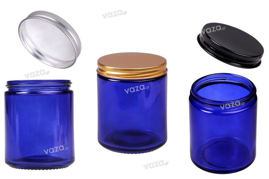 Glasdose 200 ml blau mit Aluminiumdeckel und Inneneinsatz – 6 Stück