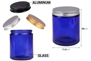 Glasdose 250ml blau mit Aluminiumdeckel und Inneneinsatz – 6 Stück-εικόνα_διαστάσεις