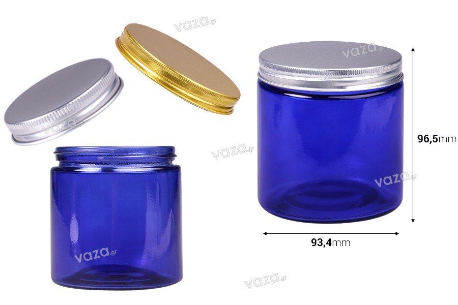 Pot en verre 500 ml bleu avec couvercle en aluminium et doublure intérieure - 6 pcs
