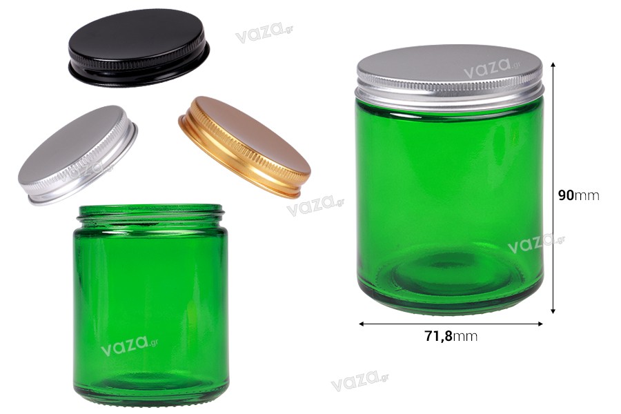 Pot en verre 200 ml vert avec couvercle en aluminium et doublure intérieure - 6 pcs