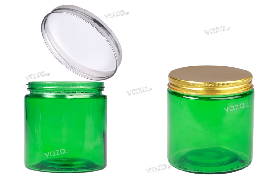 Glasdose 500 ml grün mit Aluminiumdeckel und Inneneinsatz – 6 Stück
