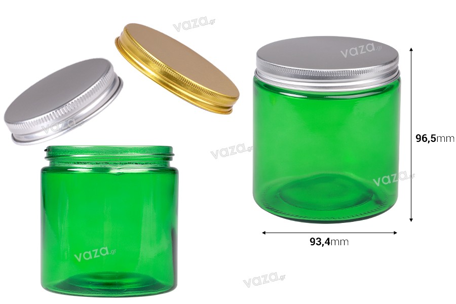 Pot en verre 500 ml vert avec couvercle en aluminium et doublure intérieure - 6 pcs