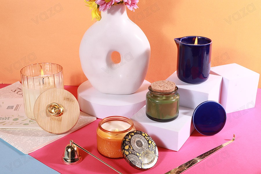 Contenitore in ceramica da 200 ml con coperchio e beccuccio per cera in vari colori-gruppo_immagini