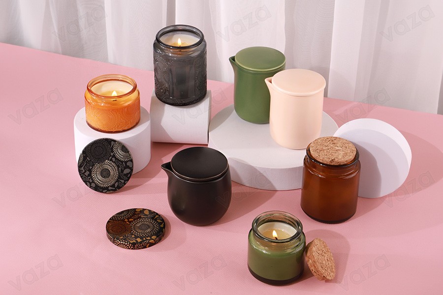 Contenitore in ceramica da 200 ml con coperchio e beccuccio per cera in vari colori-gruppo_immagini