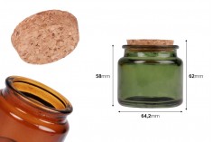 Glass jar 100 ml caramel or green with natural cork