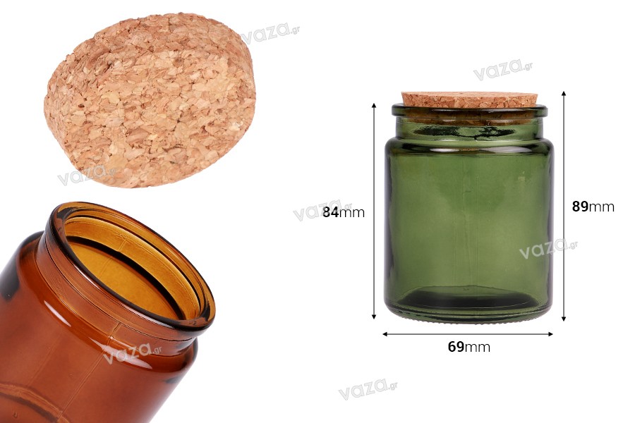 Vaso in vetro da 200 ml caramello o verde con tappo in sughero naturale