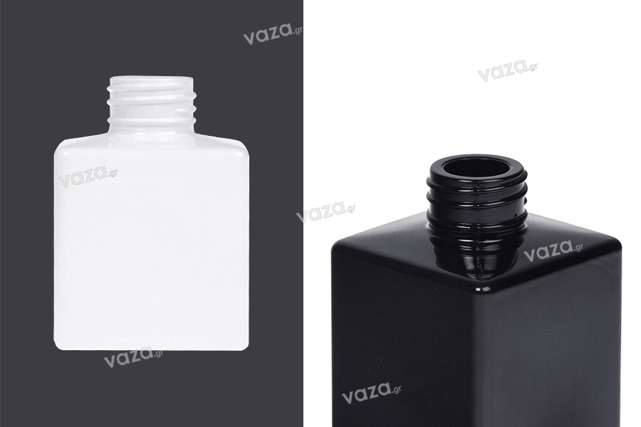 Γυάλινο μπουκάλι 100 ml (PP28) τετράγωνο σε λευκό ή μαύρο χρώμα κατάλληλο για αρωματικό χώρου