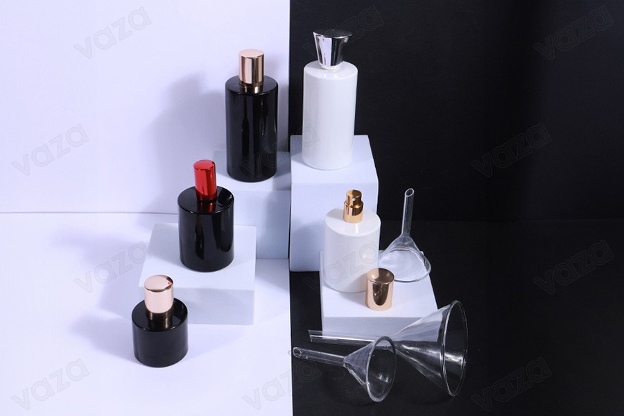 Μπουκάλι αρωμάτων 100 ml στρογγυλό με κλείσιμο ασφαλείας ''Crimp'' 15 mm σε λευκό ή μαύρο χρώμα-εικόνα_σύνθεση