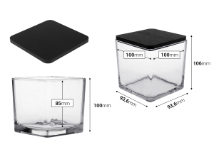 Vase carré décoratif en verre 650 ml de 100 x 100 x 100 mm avec couvercle en bois pour bougie-εικόνα_διαστάσεις