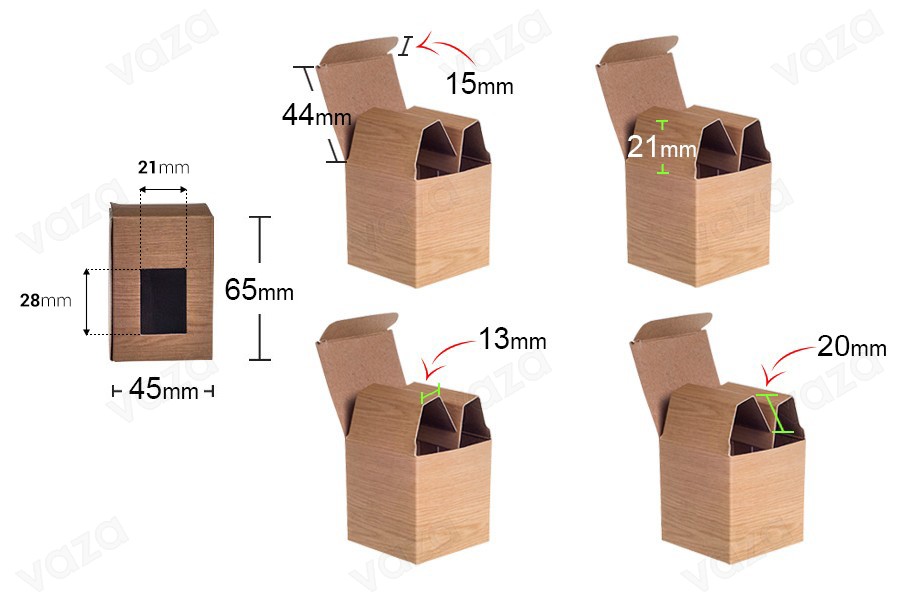 Kleine Schachtel mit Sichtfenster und Holzmuster, geeignet für ein Glas je 30 oder je 40ml,  45x45x65, 50 Stk-εικόνα_διαστάσεις