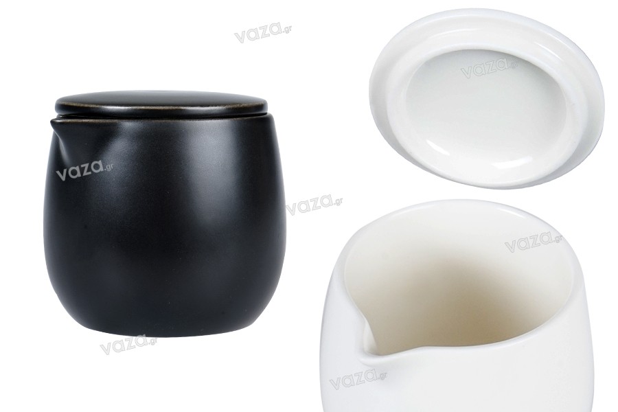 Contenitore in ceramica da 200 ml con coperchio e beccuccio per cera in nero opaco o bianco