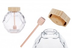 Glass jar 500 ml with wooden cork and dipper for honey