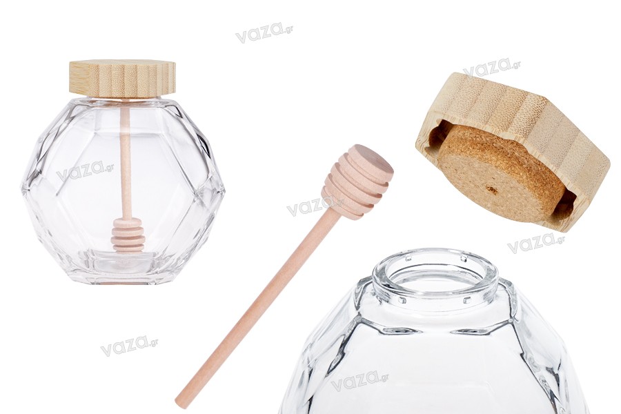 Glass jar 500 ml with wooden cork and dipper for honey