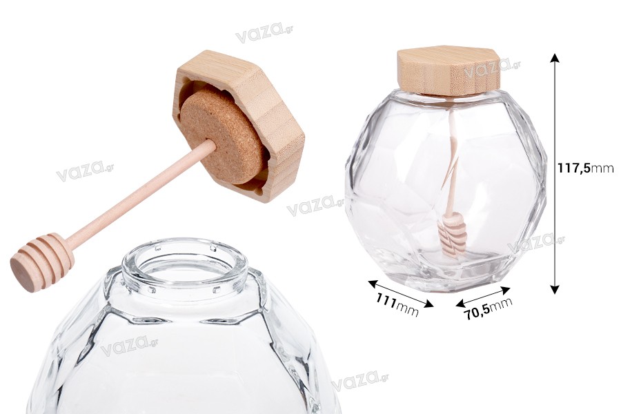 Glass jar 500 ml with wooden cork and dipper for honey