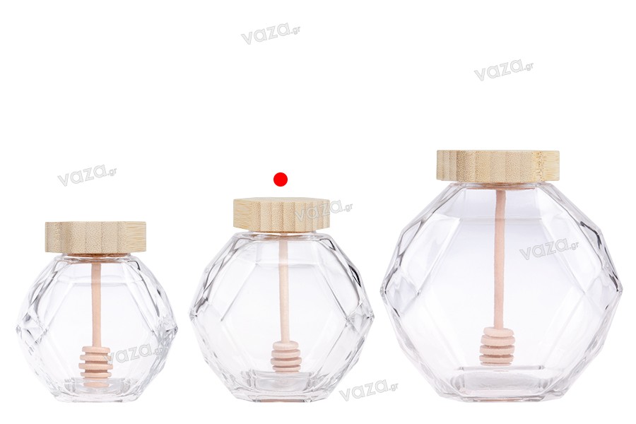 Γυάλινο βάζο 380 ml με ξύλινο φελλό και dipper για μέλι