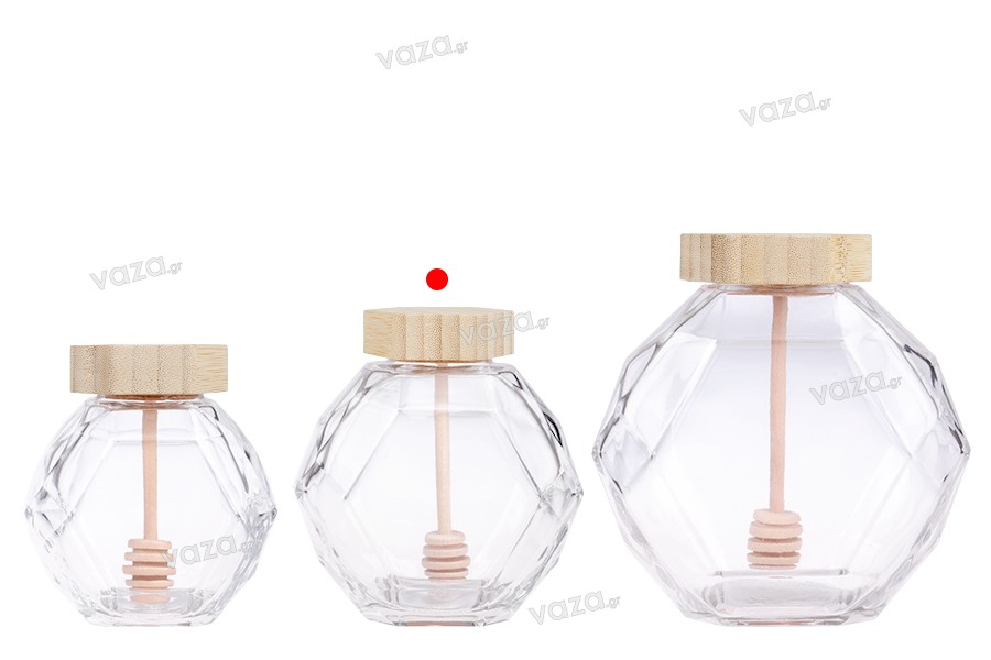 Glass jar 500 ml with wooden cork and dipper for honey