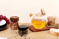 Glass jar 500 ml with wooden cork and dipper for honey
