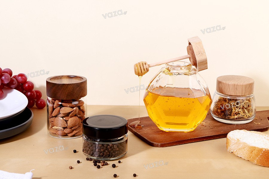 Glass jar 500 ml with wooden cork and dipper for honey