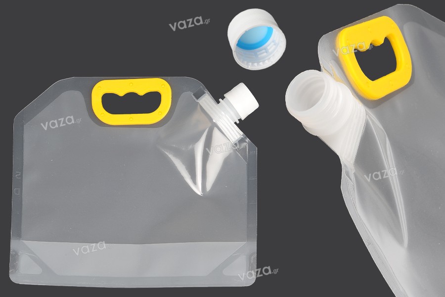 Συσκευασία (ασκός) τύπου Doy Pack διάφανη 1,5L με λευκό καπάκι ασφαλείας και χειρολαβή - 10 τμχ