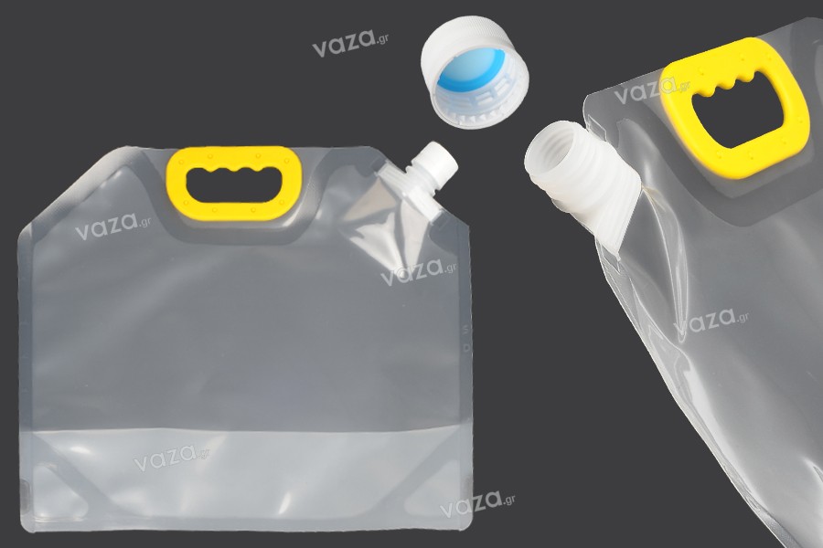 Συσκευασία (ασκός) τύπου Doy Pack διάφανη 5L με λευκό καπάκι ασφαλείας και χειρολαβή - 10 τμχ
