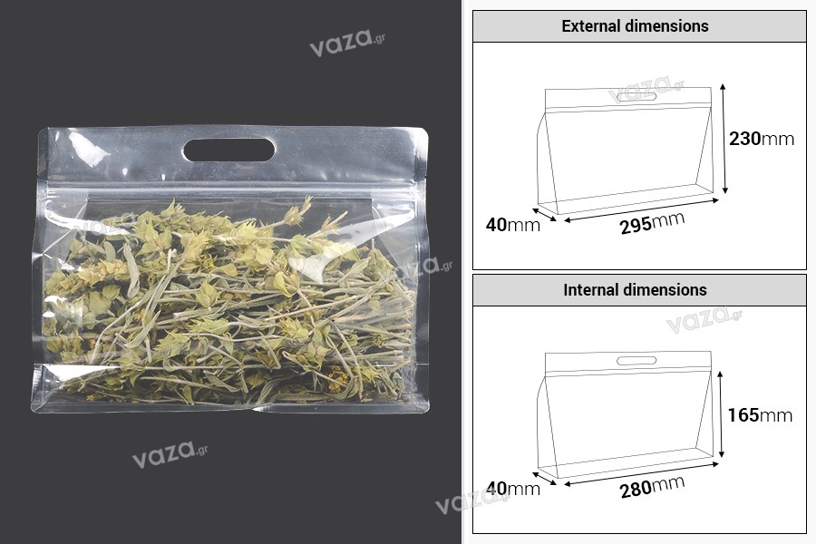 Doy Pack bags 295x40x230 mm transparent with zip closure and heat sealable - 50 pcs