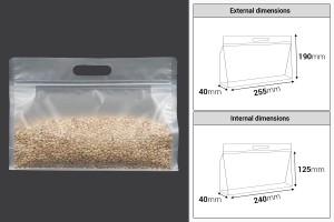 Doy Pack Beutel 255x40x190mm durchscheinend mit Reißverschluss und heißsiegelbar - 50 Stk-εικόνα_διαστάσεις