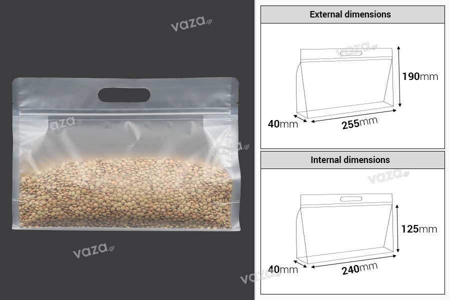 Doy Pack bags 255x40x190 mm translucent with zip closure and heat sealable - 50 pcs