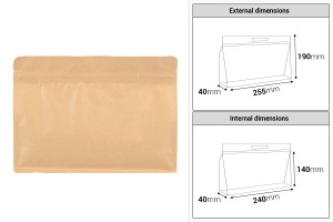 Kraftbeutel vom Typ Doy Pack, 255 x 40 x 190mm, mit Reißverschluss und heißsiegelbar – 50 Stück-εικόνα_διαστάσεις